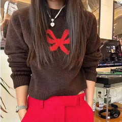 Cute Bow Knitted O neck Long Sleeve Sweater