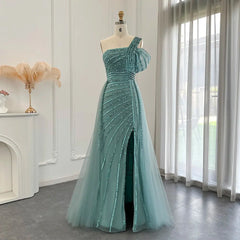 Sage Green One-Shoulder Evening Gown with Overskirt