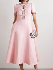 Midikleid mit Diamantkante und Schleife, kurzen Ärmeln