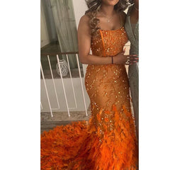 Spaghetti Strap Mermaid Feathers Beaded Prom Dress