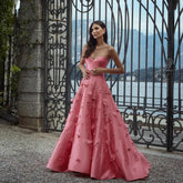 Coral Pink 3D Floral Evening Gown with Feathers
