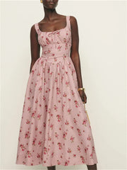 Floral Print Linen Square Collar Lace Up Mid Length Dress