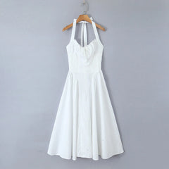 Corset Style Bow Halter Spliced Lace Midi Dress