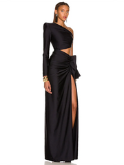 Black Inclined Shoulder High Split Draped Maxi Dress
