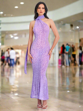 Purple Sheer Halter Draped Open Back Long Dress
