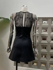Black Lace Patchwork O Neck Mini Dress