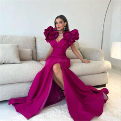 Ruffles Puffy Sleeves Satin Floor Length Prom Dress