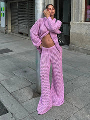 Hollow Out Sweater and Pants Knitting Cardigan Set