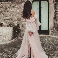 Off The Shoulder Long Puff Sleeve Slit Prom Dress