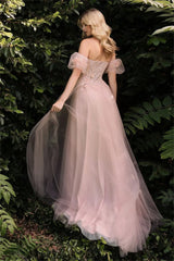 Heart Neck Tulle Prom Dress Puffy Sleeves Side Split
