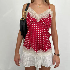 Lace Patchwork Dot Print Sleeveless Cami Tops