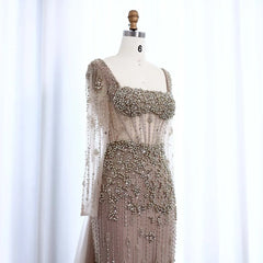 Caramel Mermaid Evening Dress with Overskirt Sleeves