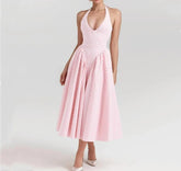 Pink White Plaid Bow Halter V Collar Midi Dress