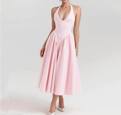 Pink White Plaid Bow Halter V Collar Midi Dress