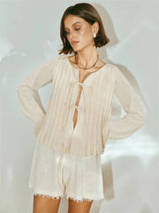 Patchwork Long Sleeve Lace-Up Top