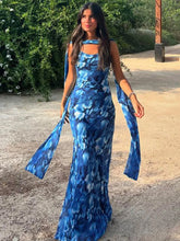 Halter Backless Blue Printed Lace-up Long Dress