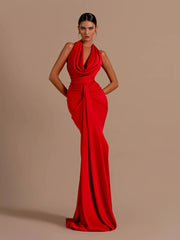 Swinging Collar Backless Pleated Red Stain Maxi Dress