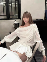 Skew Collar Lantern Sleeve Bowknot Mini Skirt Suit