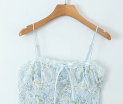 Flower Print Lace Bow Slash Collar Mini Dress