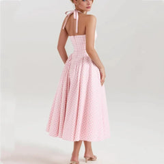 Pink White Plaid Bow Halter V Collar Midi Dress