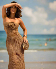 Knitted 3D Flower Solid Ankle Length Dress