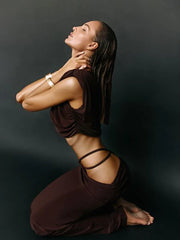 Brown Slash Neck Ankle-Length Skirt Suit