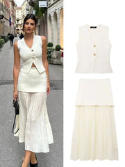 Button Knit Top Side Zipper Skirt Suit