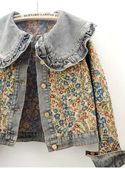 Jacquard Denim Jacket Peter Pan Collar Outwear
