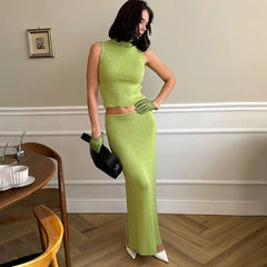 Solid Knit Sleeveless Top Long Skirt Set