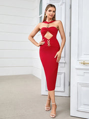 Red Metal Strapless Design Bodycon Midi Dress