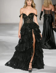 Lace Embroidery Glitter Prom Dresses