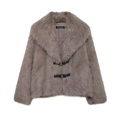 Brown Turn Down Collar Faux Fur Coat