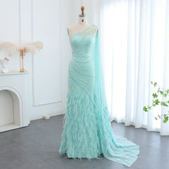 Türkisfarbenes Meerjungfrauen-Abendkleid mit Federcape