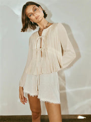 Patchwork Long Sleeve Lace-Up Top