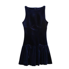 Round Neck Bow Velvet Blue Dress