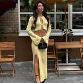 Knit Solid Lace-up Cardigan Top Slit Long Skirt Set