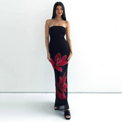 Black Tube Flower Print Back Tie Up Maxi Dress