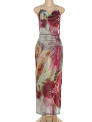 Floral Print Backless Halter Dress with Split for Women