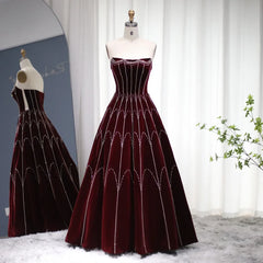 Burgundy Velvet Ball Gown Crystal Evening Dress