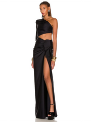 Black Inclined Shoulder High Split Draped Maxi Dress