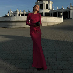 Ruched Flower Long Sleeve Solid Maxi Dress