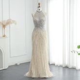 Beaded Feathers Mermaid Halter Backless Gown