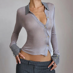 Gray Long Sleeve Knitted T-Shirt