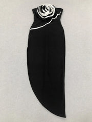 3D Flower Strapless Asymmetric Black Maxi Dress