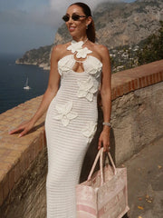 Knit Crochet Flower Applique Halter Maxi Dress