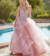 Glitter Lace Appliqué Pink Fluffy Ruffles Prom Dress