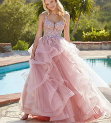 Glitter Lace Appliqué Pink Fluffy Ruffles Prom Dress