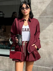 Zipper Lapel Burgundy Color Jacket and Skirt Suit