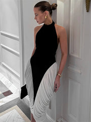 Patchwork Halter Backless Contrast Pleated Midi Dress