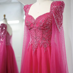Fuchsia Beaded Evening Gown with Cape Sleeves